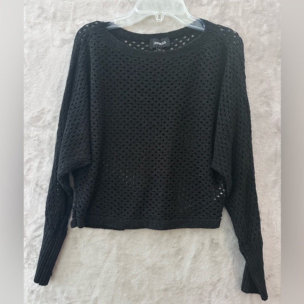 Express Top Small Black Crocheted Open-Weave Sweater